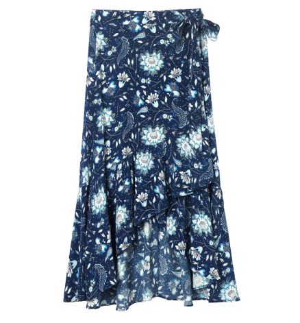 Ruffle Wrap Midi Skirt-blue floral